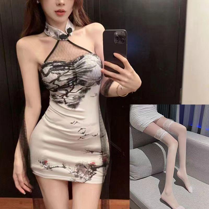Large size temperament retro ink printing tube top hip skirt women's improved cheongsam slim mesh stitching neck dress