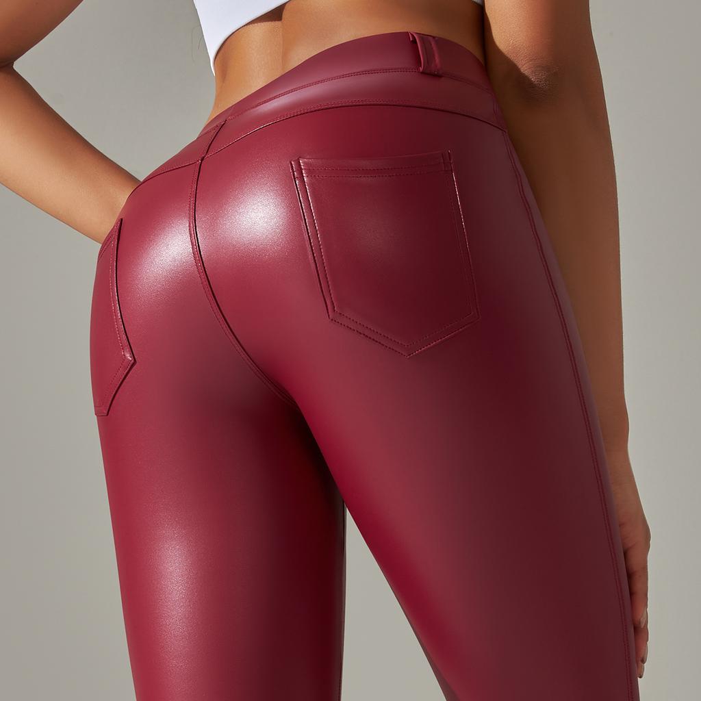 European and American New Sexy PU Leather Pants Large Size Belly Leggings Sports with Pockets Small Pants Abraded Leggings