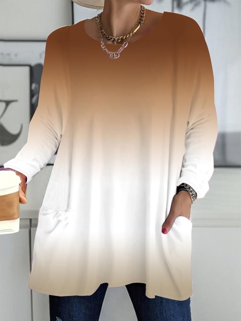 Jesień Zima 2025 Nowe Damskie Bluzki Plus Size, Modne T-Shirty z Dekoltem Okrągłym i Długim Rękawem z Nadrukiem 3D w Kolorze Gradientowym