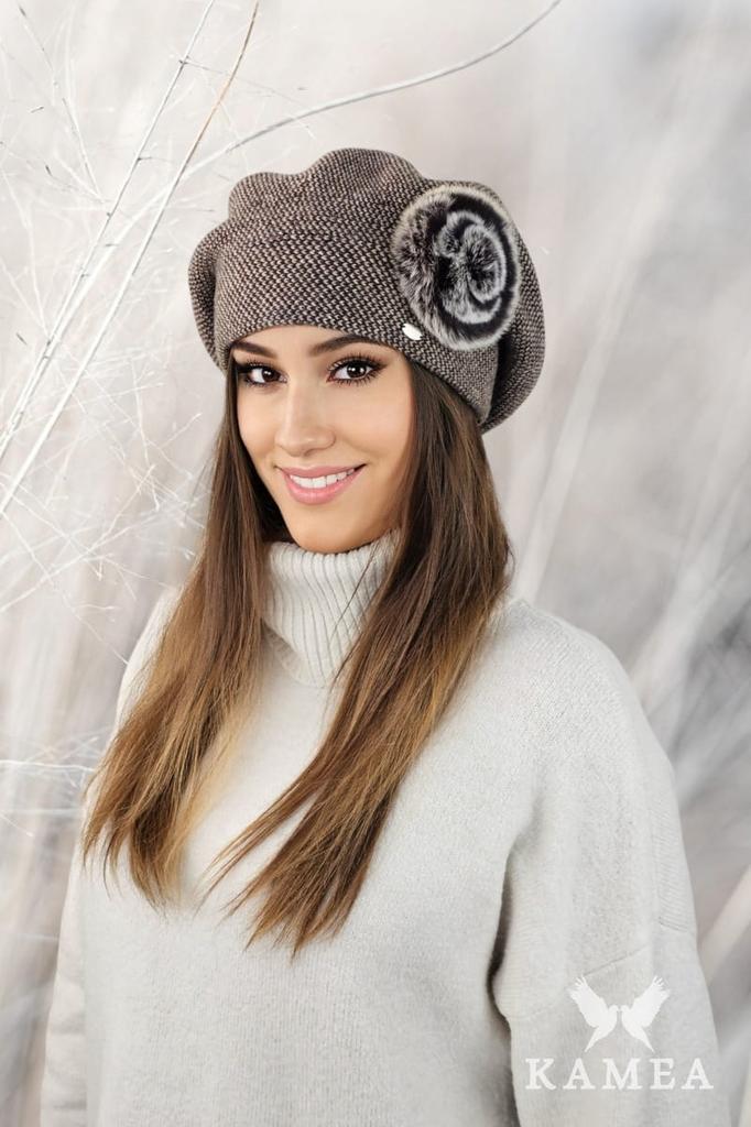 Pasque Flower Pepita Beret with Rabbit Decoration, Brown