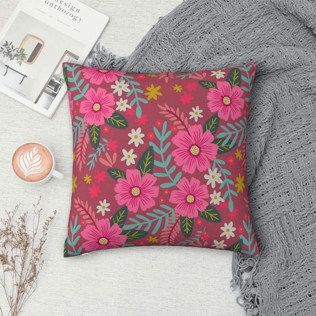 Pink Flower Meadow Pillowcase Polyester Linen Velvet Printed Zip Decor Pillow Case Room Cushion Cover