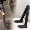 Größe 34-40 Mode Schlanke Bein Oberschenkelhohe Sockenstiefel Damen Schwarz Stretchstoff Spitze Flache Absätze Über das Knie Zum Hineinschlüpfen Schuhe