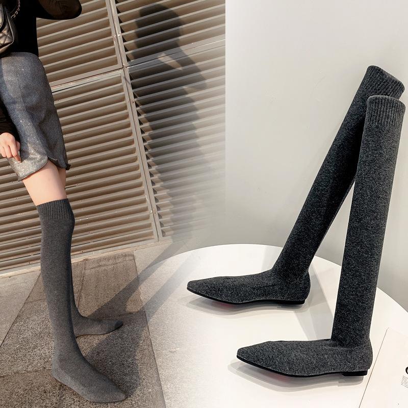 Größe 34-40 Mode Schlanke Bein Oberschenkelhohe Sockenstiefel Damen Schwarz Stretchstoff Spitze Flache Absätze Über das Knie Zum Hineinschlüpfen Schuhe