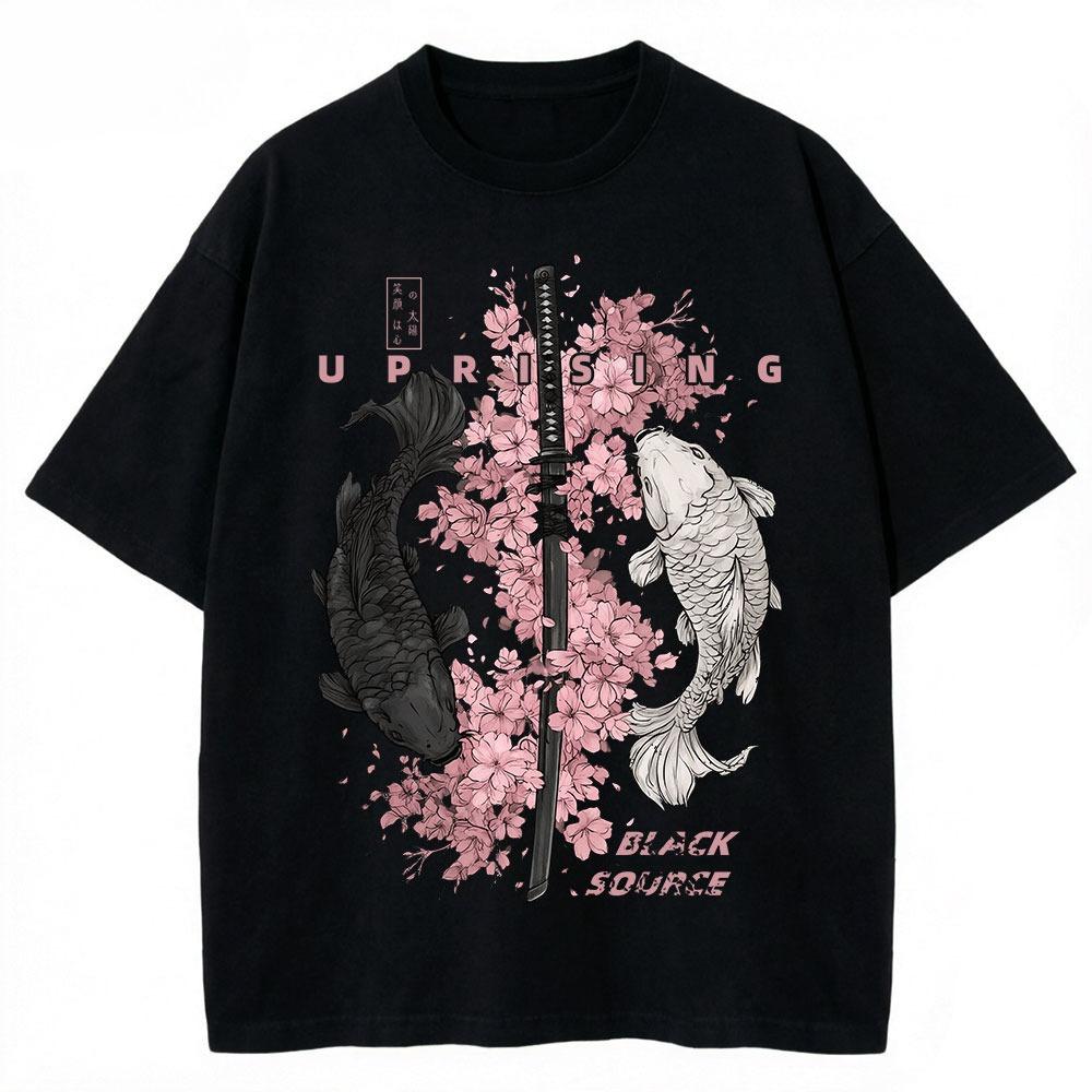 4 Vintage Koi Fisch Sakura Katana Grafik T-Shirt Kirschblüten Schwert Druck Unisex Baumwolle Rundhals Kurzarm Street Tee Top