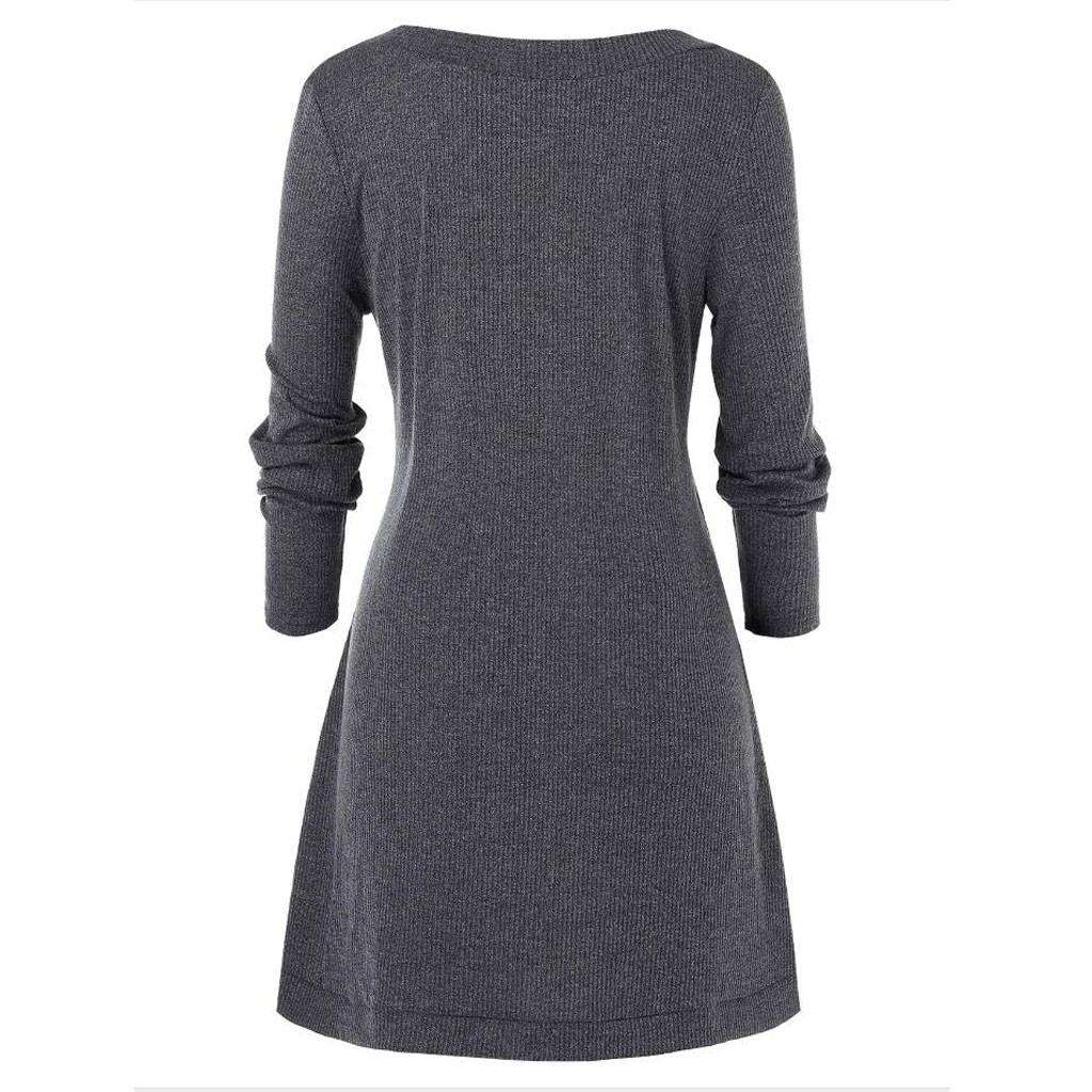 Plus Size Women  Long Sleeve Solid Botton Pachwork Asymmetric Tops Sweater