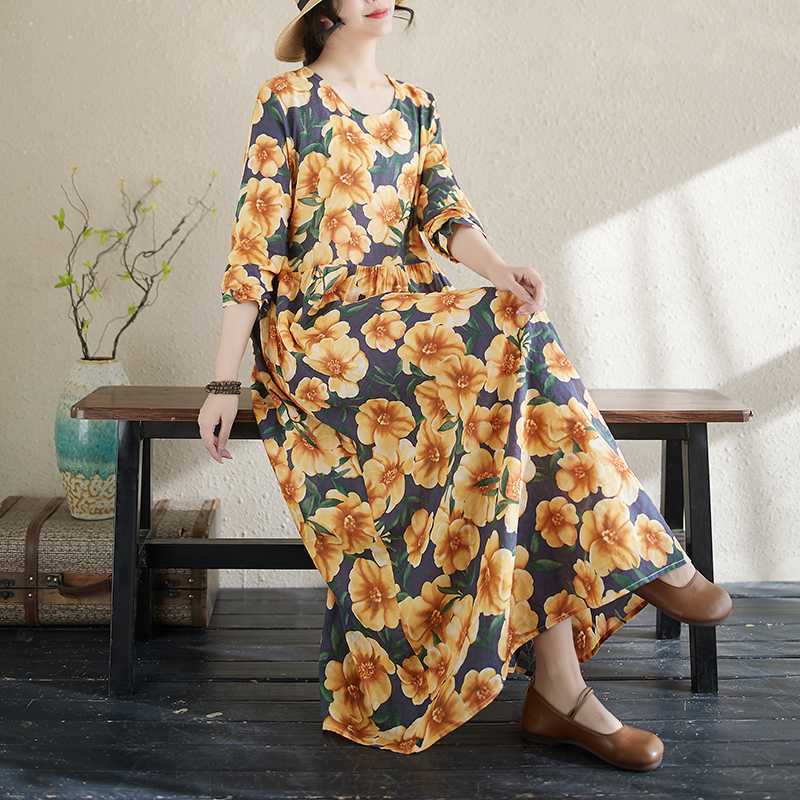 New Floral Vacation Style Travel Round Neck Vintage Long Flesh Covering Dresses