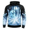 Men's Burning Flame Ruins Skull Raven Full Print Hoodie Halloween Gothic Long Sleeve Hooded Sweatshirt For Streetwear