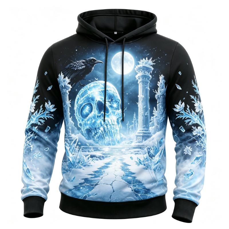 Men's Burning Flame Ruins Skull Raven Full Print Hoodie Halloween Gothic Long Sleeve Hooded Sweatshirt For Streetwear