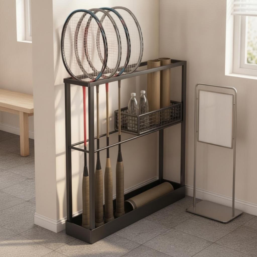 Sports Storage Rack with Basket | Floor-Standing, Badminton Racket Holder, for