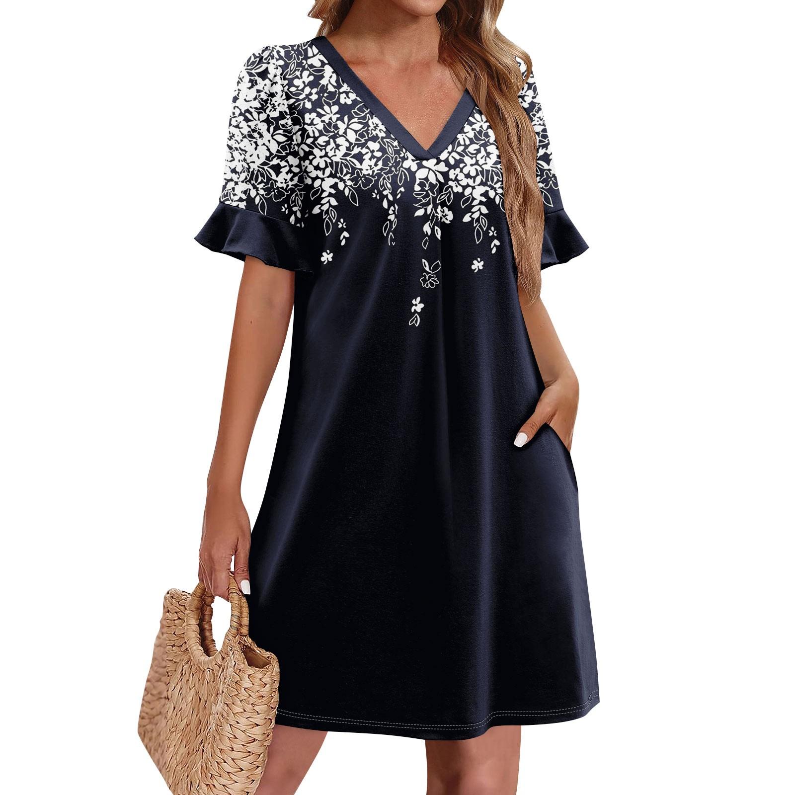 

Летние платья для женщин с V-образным вырезом, оборками и коротким рукавом, повседневное свободное платье с принтом, пляжное платье с карманами S