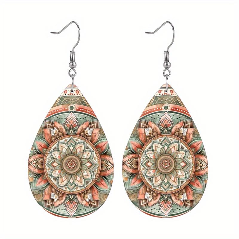 Boho Style Mandala Floral PU Drop Dangle Earrings for Women, Vibrant Spring Meditation Theme Double Sided Hoop Earring, Holiday Party Accessories