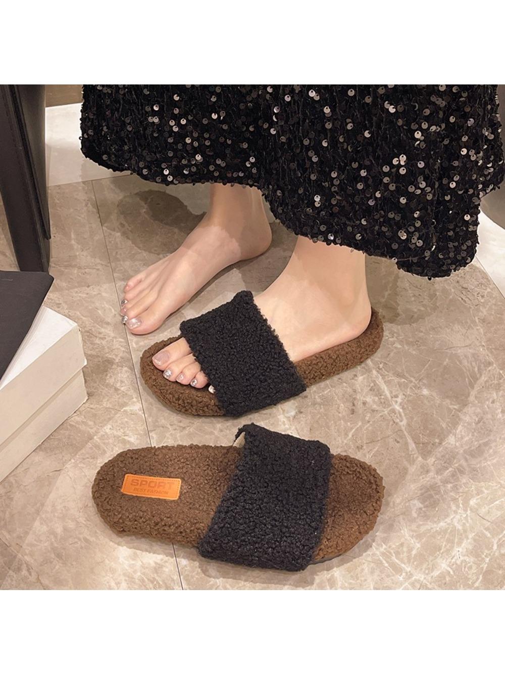 

Fashion Flock Flat Shoes Female Plush Slippers for Adults Med Slipers Women Luxury Slides Platform Fur Soft Designer Shoes for Women 35 чёрный