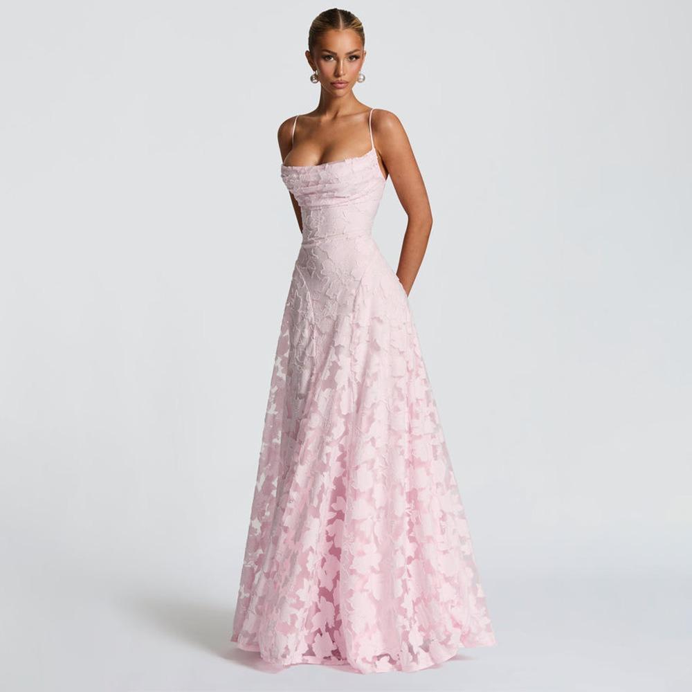 Women's Square Neck Sleeveless Maxi Dress Fitted High Waist Elegant Floral Chiffon Spaghetti Strap Evening Dress