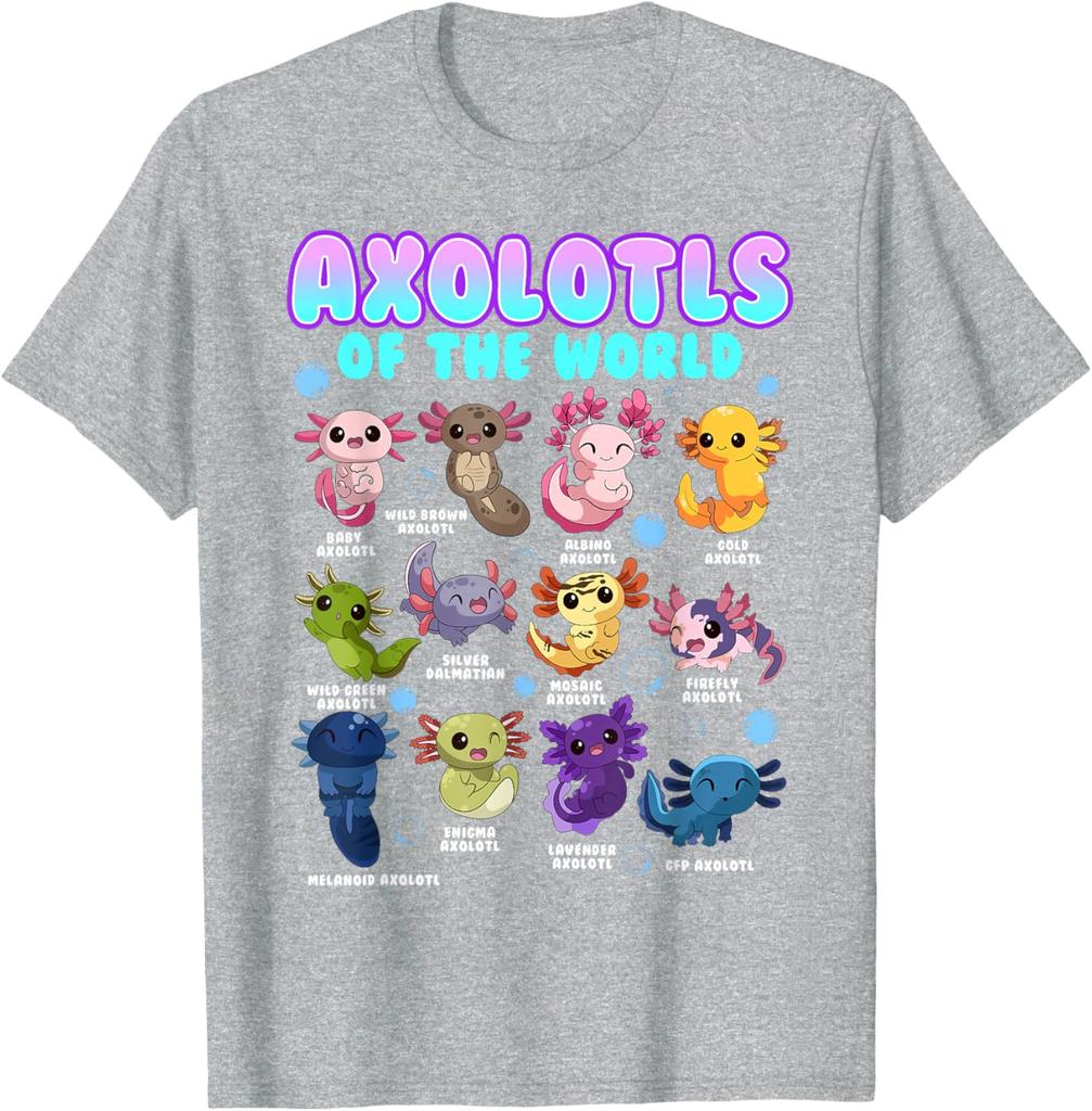 Axolotls Of The World Kawaii Salamander Graphic Tee Men Cotton Casual Short Sleeve T-Shirt Trip