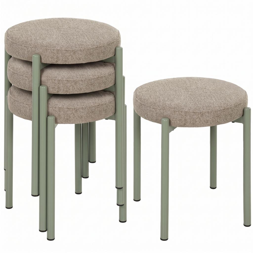 Lot of 4 Stackable Round Stools with Padded Seat, without Backrest, Space Saving, 45 x 45 x 47.5 cm, Brown Cair