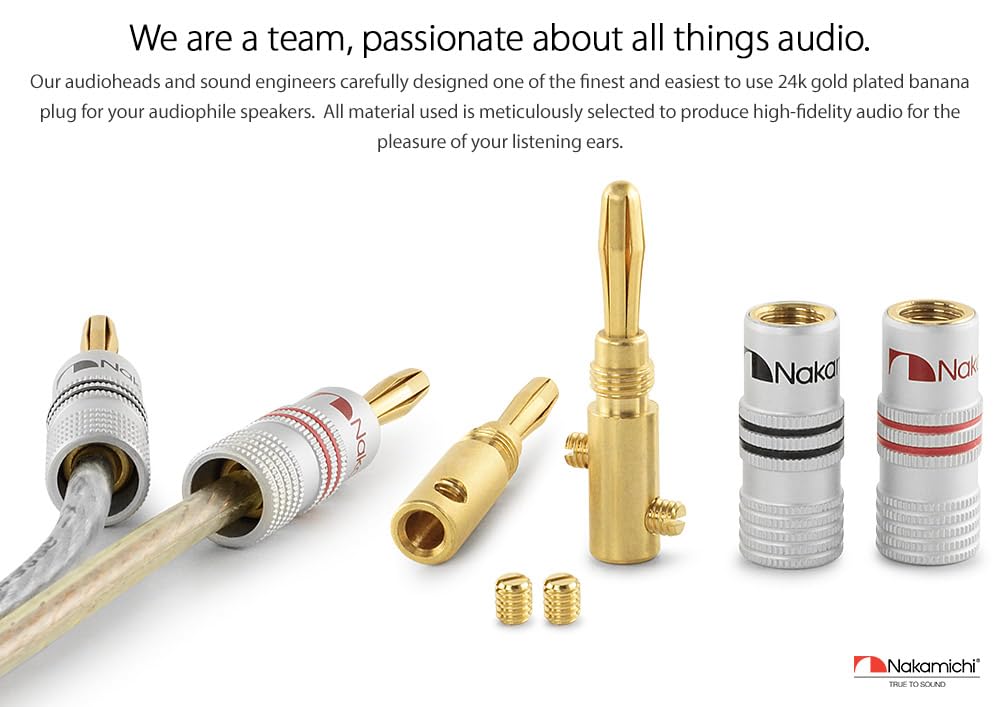 Nakamichi Banana Plugs 24K Gold Plated Speaker Cable Connectors Aluminum Metal Shell 12AWG-18AWG 4mm for Speaker Amp Hi-Fi 24pcs 12 Pairs