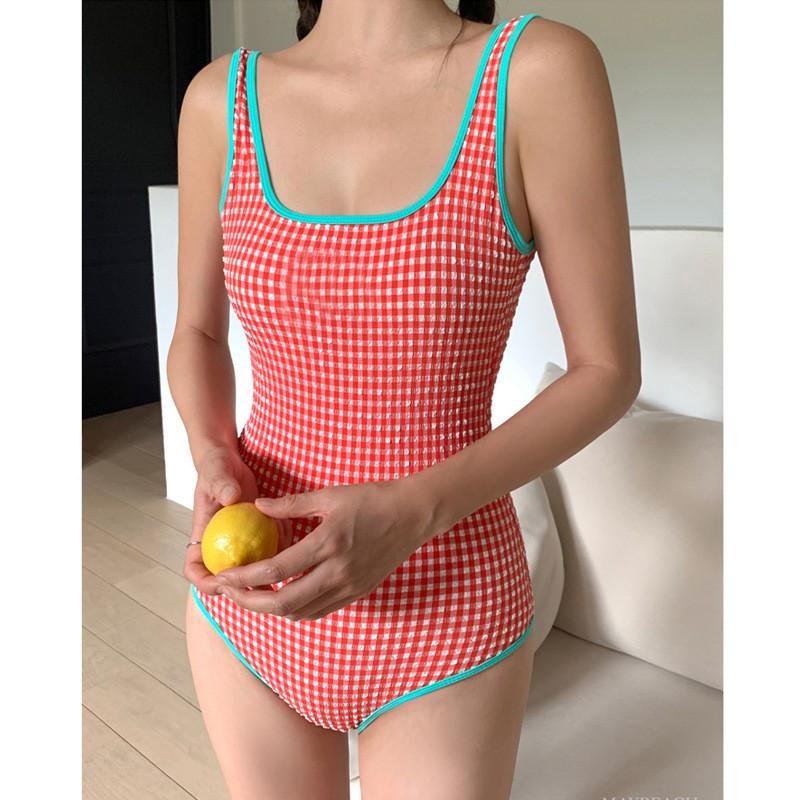 Womens One-Piece Swimsuit With Built-in Pad Plaid Print Slim Fit Backless Design Swimming Hot