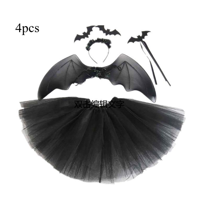 

Набор из 4 предметов для костюма на Хэллоуин: Костюм с крыльями летучей мыши, черная сетчатая юбка и волшебная повязка на голову, тканевый материал для девочек и женщин