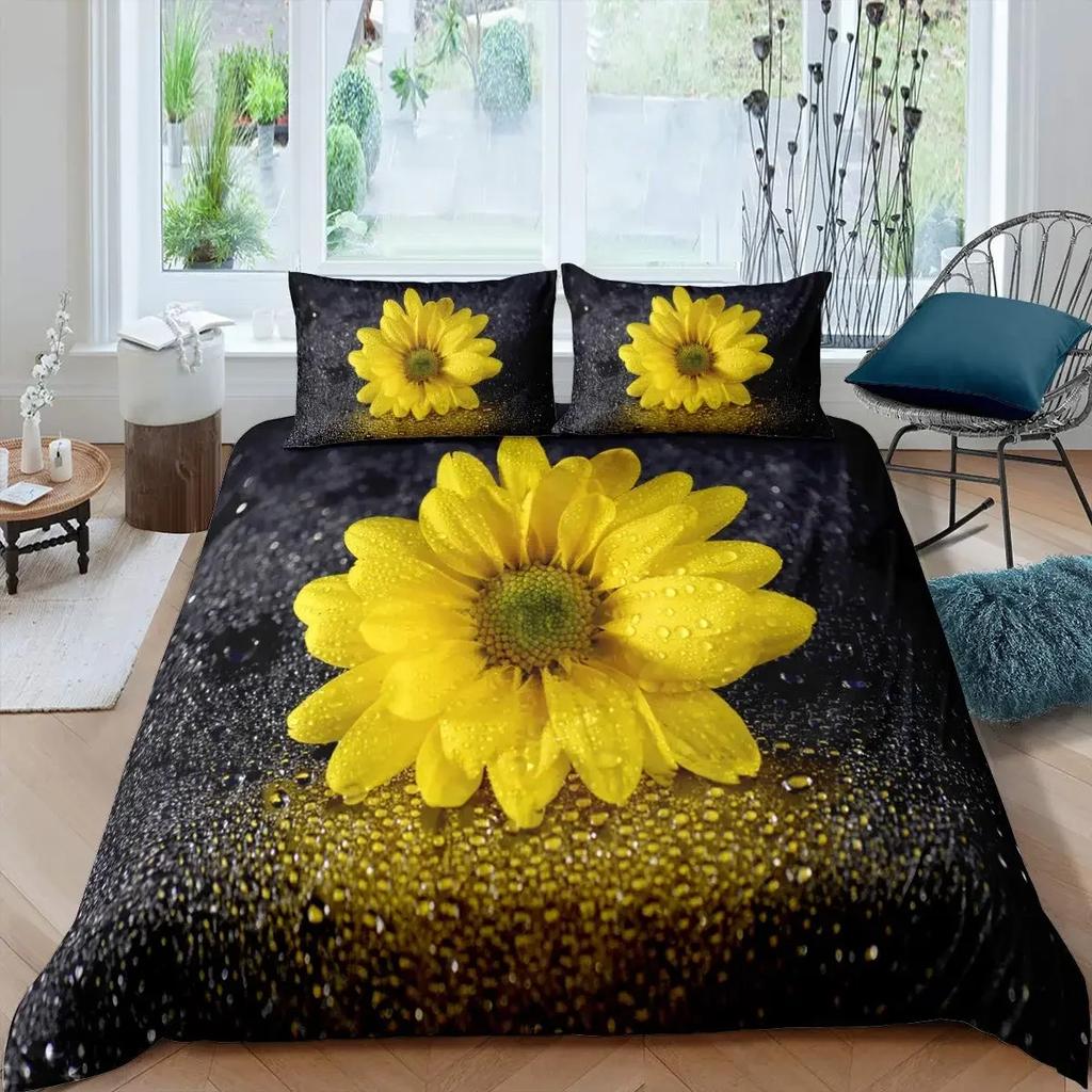 Yellow Flower Duvet Cover Set Sunflower Bedclothes Sunflower Fields With Sunset Printed Botanical Flowers Polyester Bedding Set