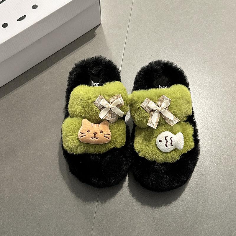 Vielseitige lässige flauschige Hausschuhe für Damen Herbst und Winter 2025 Cartoon niedliche Katze und Fisch warme dicksohlige Baumwollhausschuhe