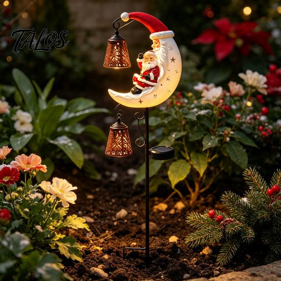 Weather Resistant Garden Path Lights Christmas Solar Stake Light, 3D Resin Santa Snowman Statue Yard Lawn Decor Crescent Moon LED Pathway Light