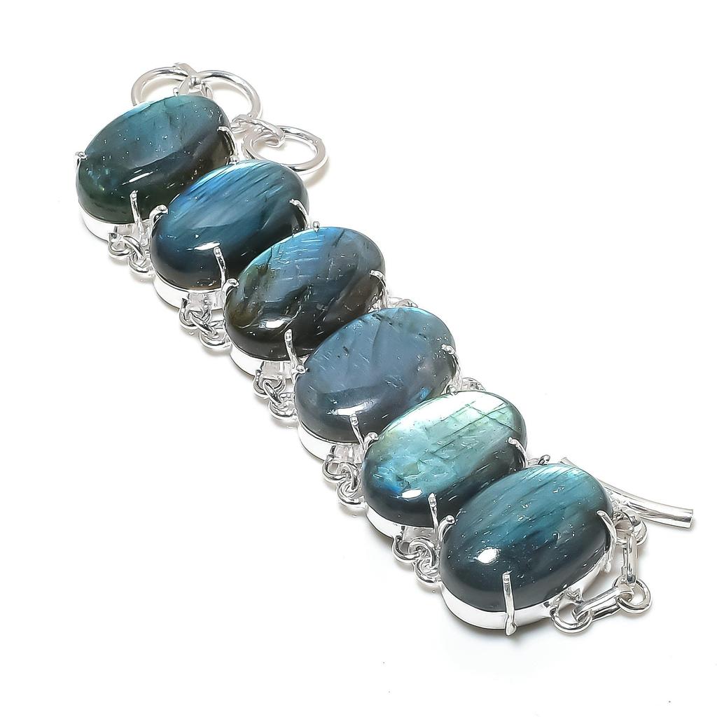 Natural Blue Labradorite Gemstone Handmade 925 Sterling Silver Bracelet, Blue Labradorite Bracelet For Wife , Unisex Bracelet Wadding Gifts