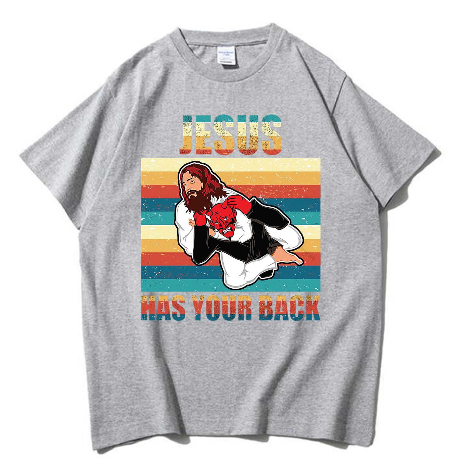 

Jiu Jitsu Jesus Has Your Back Tshirt Brazilian Jiujitsu T Shirt Vintage Cotton Unisexs Short Sleeve Tee Shirt Streetwear Tops M