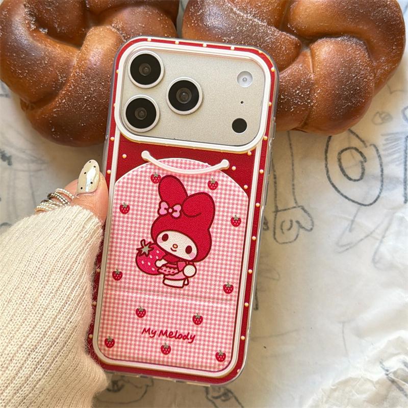 Aesthetic Red Strawberry My Melody Phone Case For iPhone 17 16 15 14 Pro Max Cute Polka Dot Gingham Stand Protective Cover for W