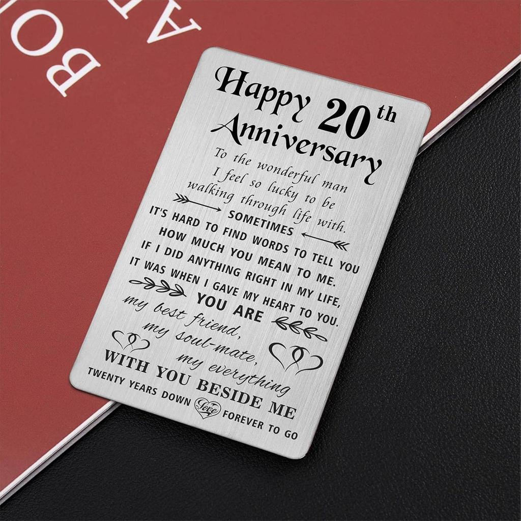 TANWIH Happy 20th Wedding Anniversary Card Gifts for Him Husband, 20 Year Anniversary Cards Gift for Men, Engraved Metal Wallet Insert