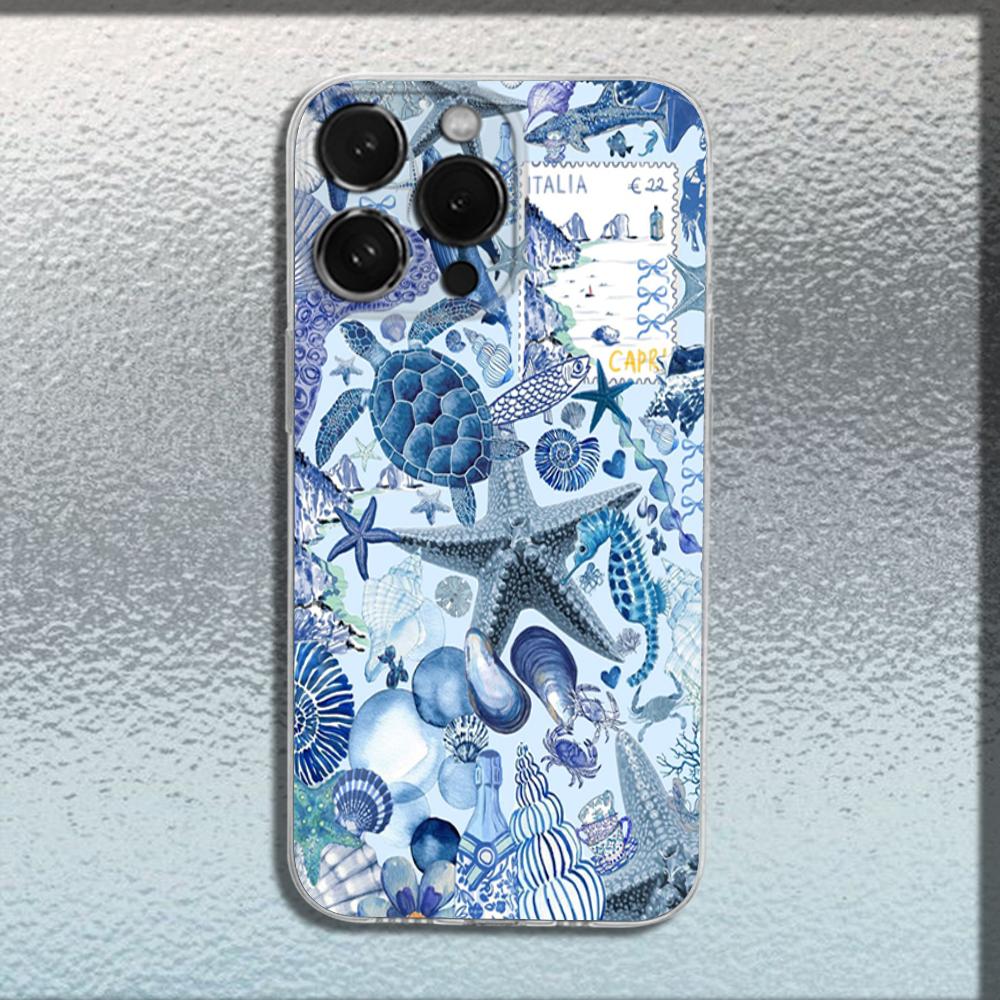 Marine Life Sea Turtle Art Phone Case For iPhone 16,15,14,13,12,11 Plus,Pro,Max,XR,XS,X,Plus,SE,Mini Transparent Soft Cover