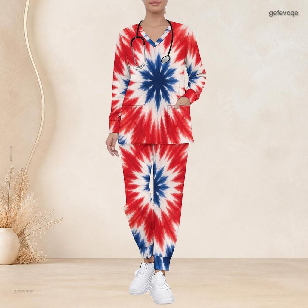 Women Plus Size V Neck Long Sleeve Scrub Set Navy Base Large Retro Patriotic Star Print Nurse Uniform Set