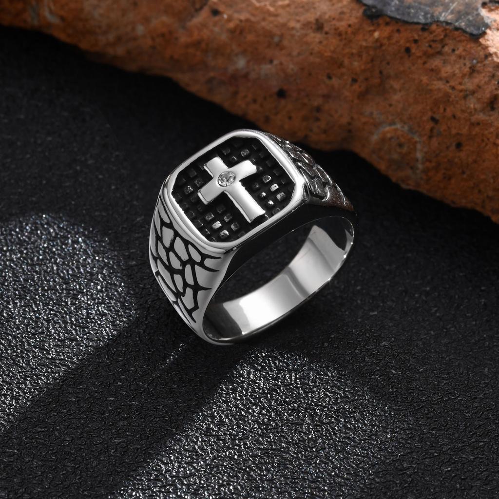 Trendy Stainless Steel Cross Rings for Men Silver Color Crack Zircon Rings Cross Signet Chunky Dainty Jewelry for Man