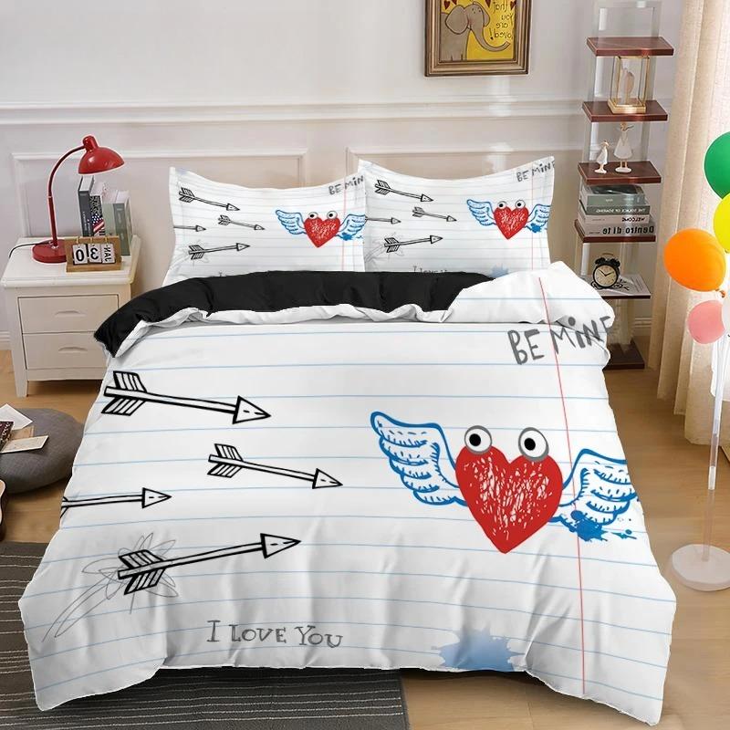 Zestaw Poszwy na Kołdrę dla Zakochanej Pary Prezent na Walentynki Pościel w Kształcie Serca King Queen Double 2/3 szt. Poliestrowa Poszwa na Kołdrę