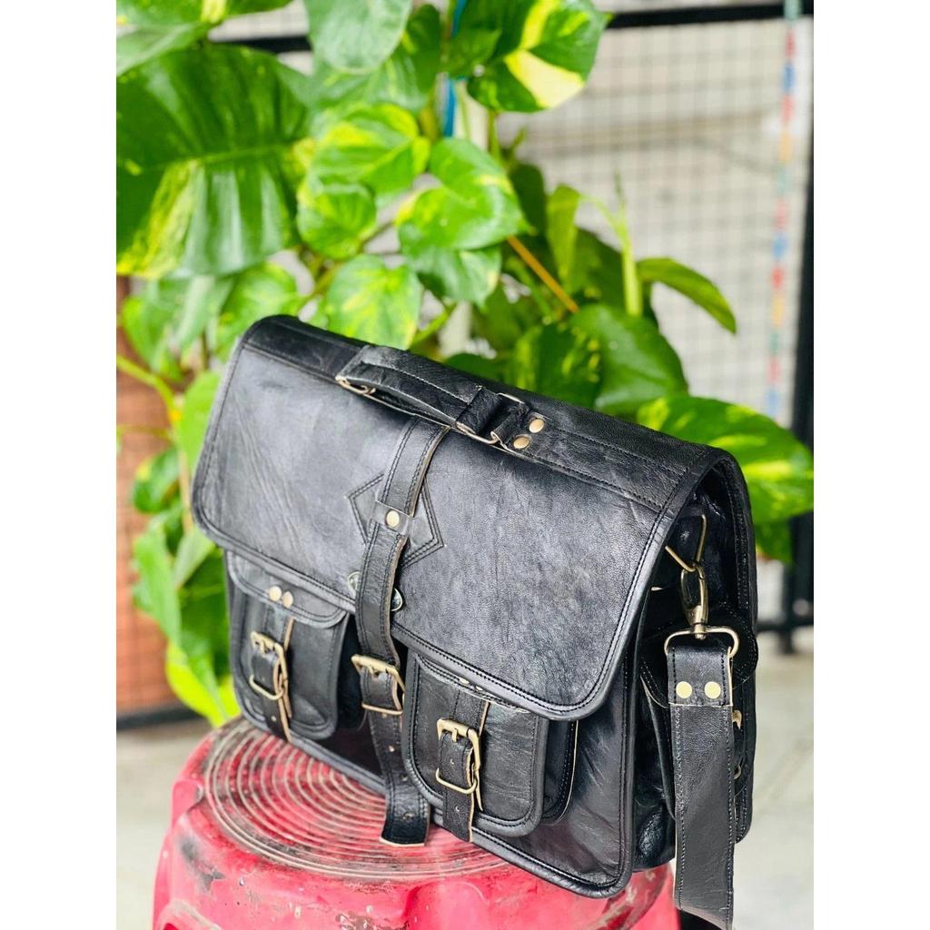 Genuine Goat Leather Vintage Laptop Handmade Black Necessary Bag Satchel