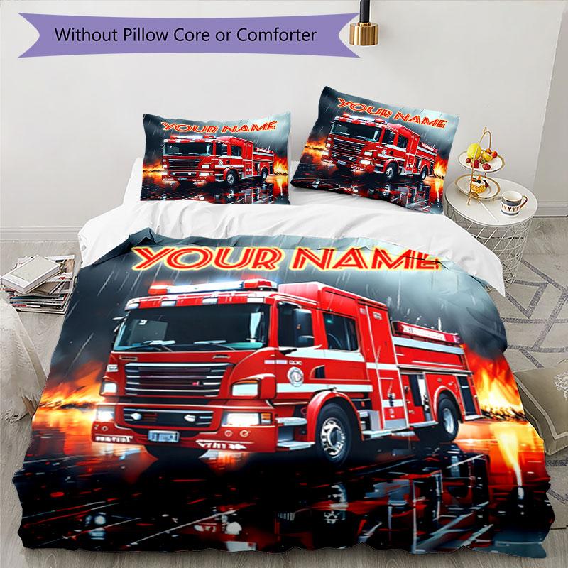 3PC Custom Name Fire Truck Action Bedding Set Duvet Cover Closure Includes 1 Duvet Cover & 2 Pillowcases for Bedroom