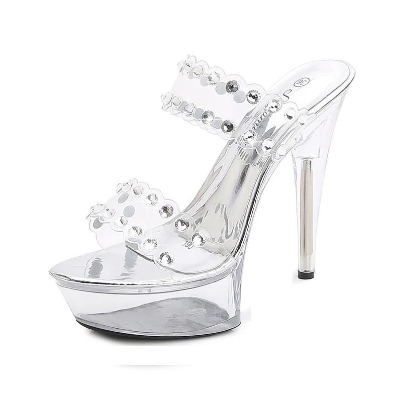 Fashion Women Model Shoes Heels Super High heels 15cm Sunflower Waterproof Sandals Transparent Clear heel Crystal Shoes Wedding Shoes