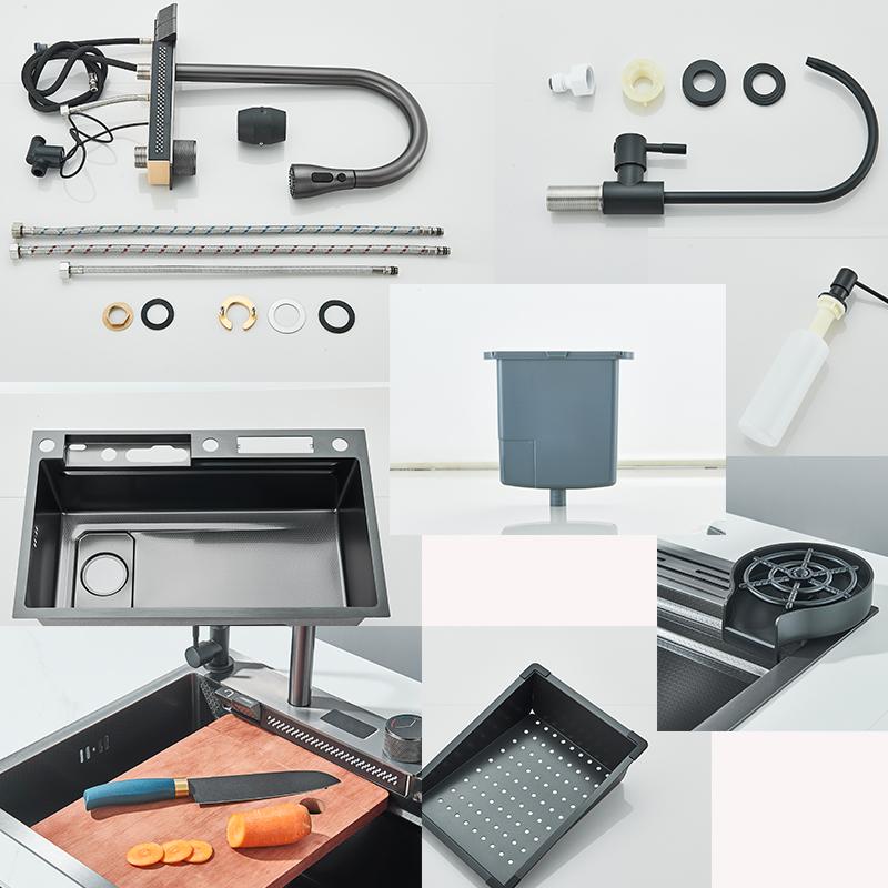 Stainless Steel Kitchen Waterfall Sink Digital Display Large Single Sink Dish Basin Sink With Multifunction Touch Waterfall