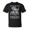 Just A Boy Who Loves Monster Trucks Dinosaurs Trex Usa Flag T-Shirt