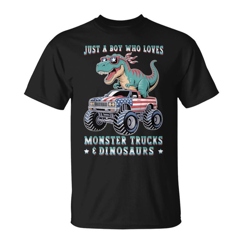 Just A Boy Who Loves Monster Trucks Dinosaurs Trex Usa Flag T-Shirt