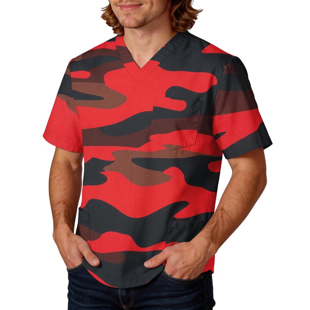 Mens V Neck Scrub Top with Camouflage Print Short Sleeve Classic Fit Lightweight Breathable Uniform Shirt