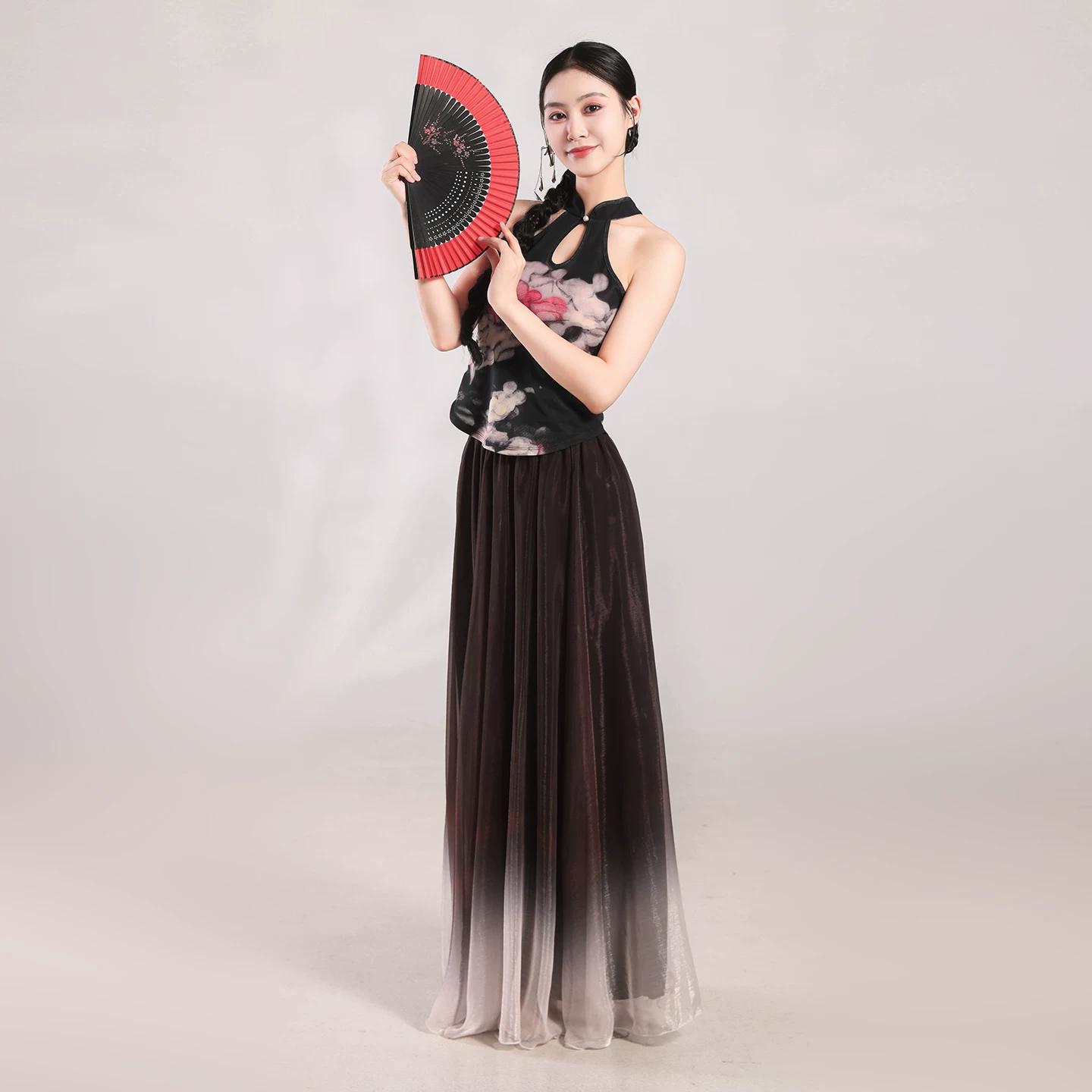 Chinese Classical Dance Costume, New Chinese Style Floral Halter Gradient Maxi Skirt For Fan Dance Performance & Practice 2XL