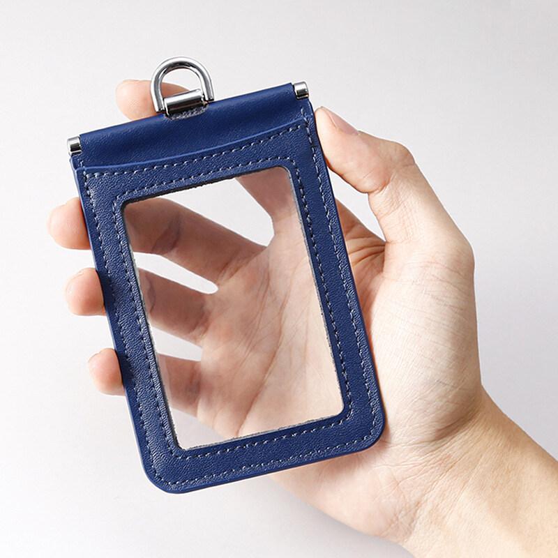 2-Sided Transparent Window Badge Holder ID Business Work Card Holders Genuine Leather Card Case with Lanyard (Can Hold 4 Cards )