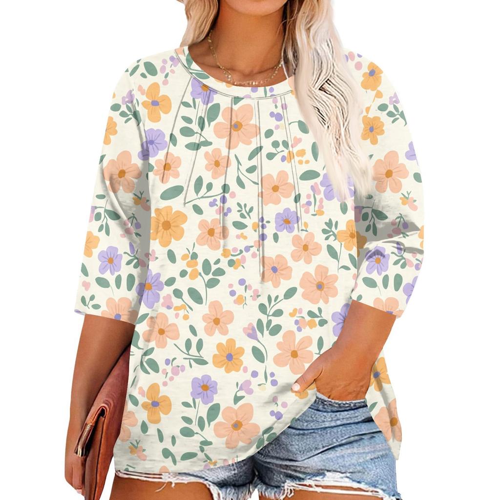 Women's Printed Round Neck Plus Size Tops 3/4 Sleeves Elegant Shirt Tops