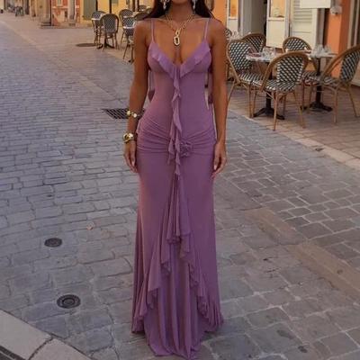New European and American Women's Clothing Ruffle Edge Irregular Seaside Vacation Suspender Dress