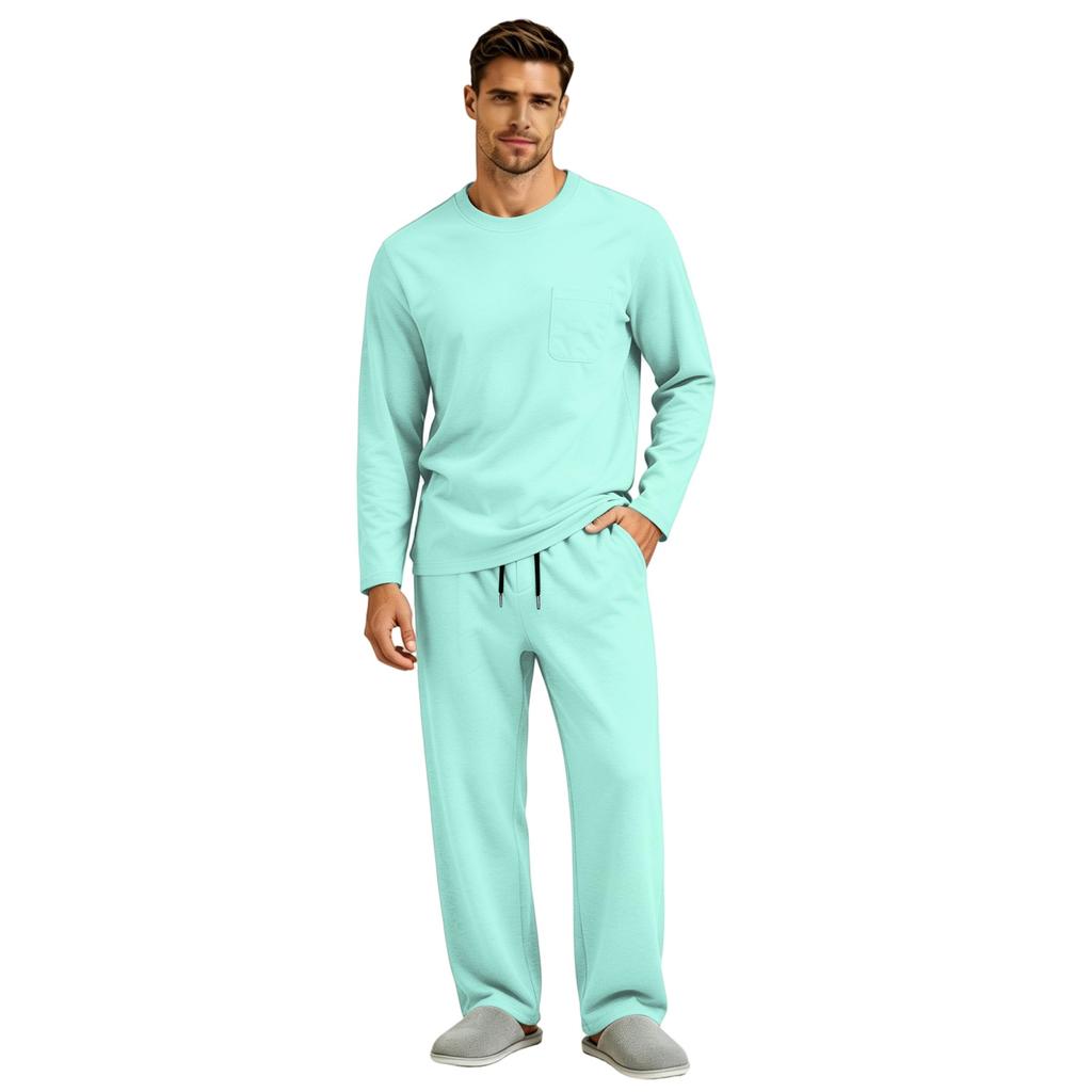 Men's Long Sleeve Pajama Set with Button Fly and Elastic Drawstring Waist for Sleep and