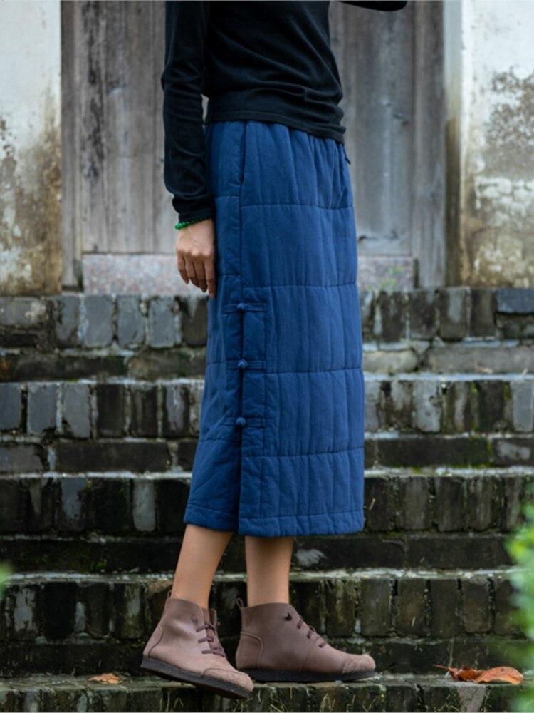 Johnature Frauen Vintage Baumwolle Leinen Röcke Elastische Taille Einfarbig Kleidung Herbst Winter Plus Baumwolle Taste Warme Röcke