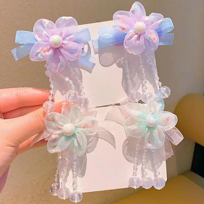 Hairpin Gradient Organza Flowers Bowknot Imitation Pearl Decor with Beaded Tassel Hair Clip Hanfu Princess Skirts Hair Accessories