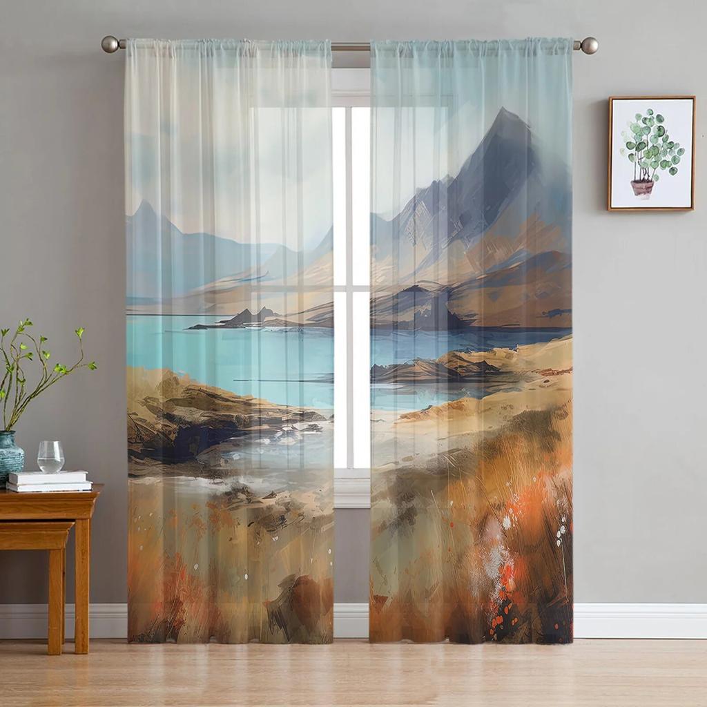 Landscape Clouds Stones Bedroom Transparent Sheer Curtains Holiday Decoration Window Voile Tulle Curtain