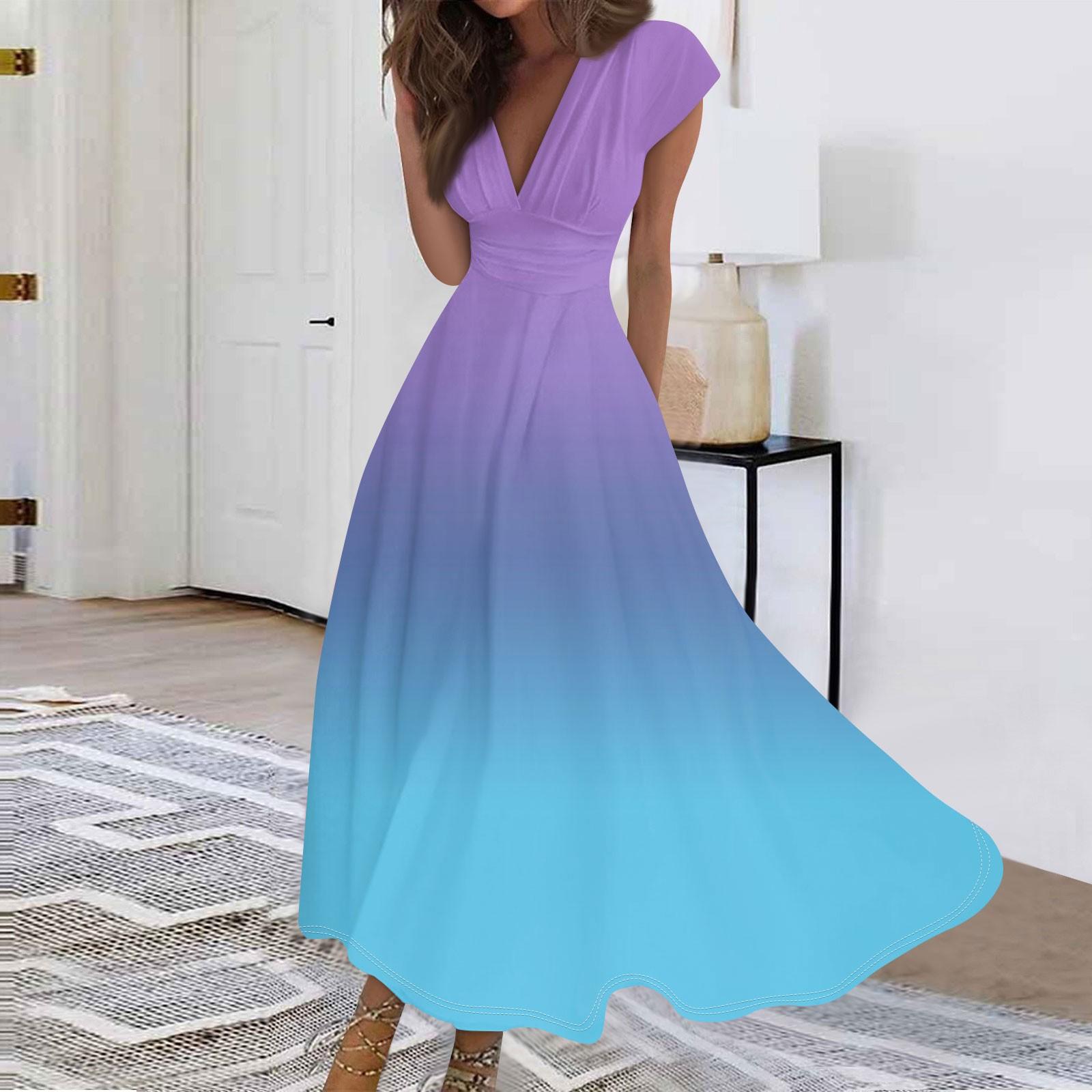 

Женские модные повседневные плиссированные платья с v-образным вырезом и рюшами и короткими рукавами и шнуровкой с градиентом XXL фиолетовый