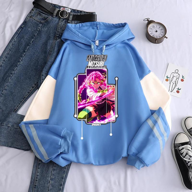 Anime Demon Slayer Kanroji Mitsuri Print Hooded Men Women Manga Hoodies Oversized Streetwear Harajuku Male Patchwork Sweatshirt
